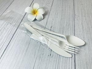 Knife, Spoon and fork on a wooden white table with a flower