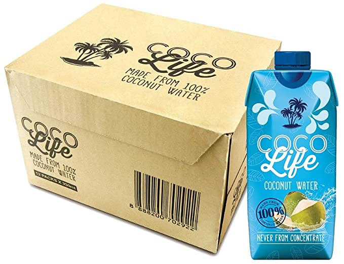 Coco life water tetra pack in front of cardboard box