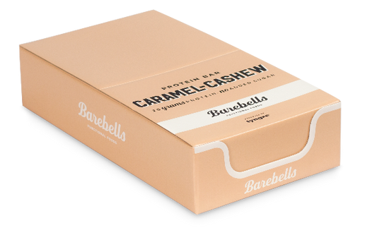 Creme color cardboard box of Barebells caramel cashew bars