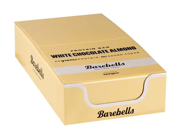 Off white color cardboard box of Barebells white chocolate almond bars