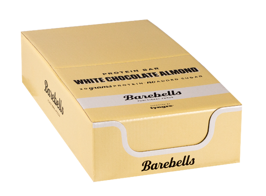Off white color cardboard box of Barebells white chocolate almond bars
