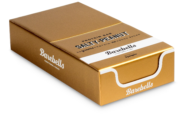 Golden color cardboard box of Barebells salty peanut bars