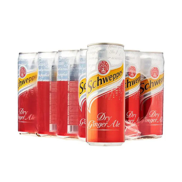 schweppes dry ginger ale pack of 12 red cans on a white background